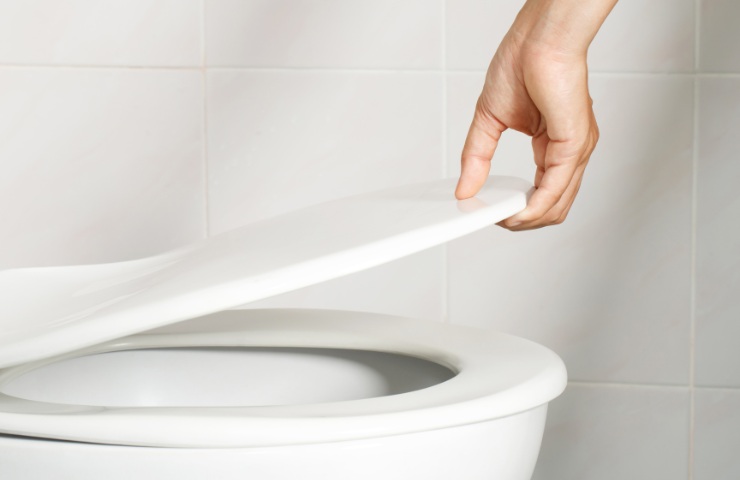 Mano che alza la tavoletta del wc