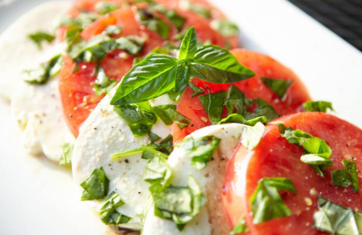Un piatto con mozzarella pomodorini freschi e basilico