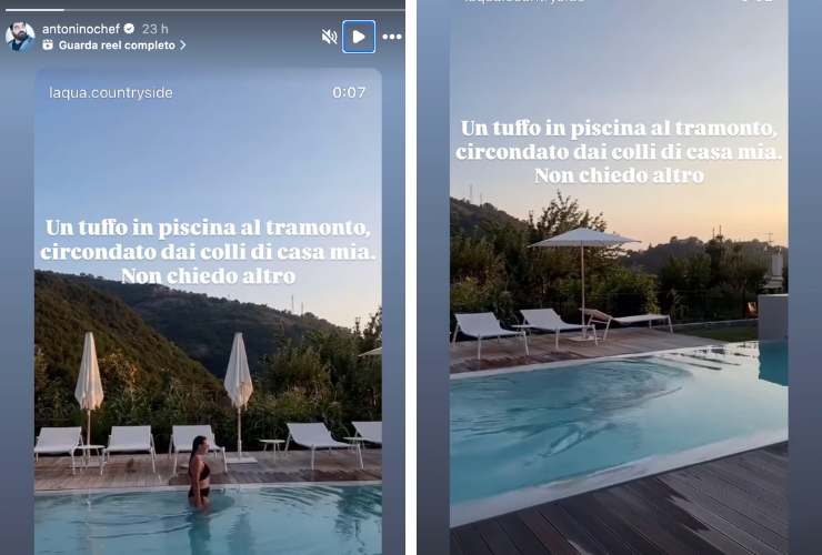 collage del post di Cannavacciuolo in cui si vede una piscina e il tramonto