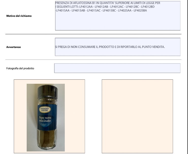 Scheda richiamo alimentare pepe nero macinato