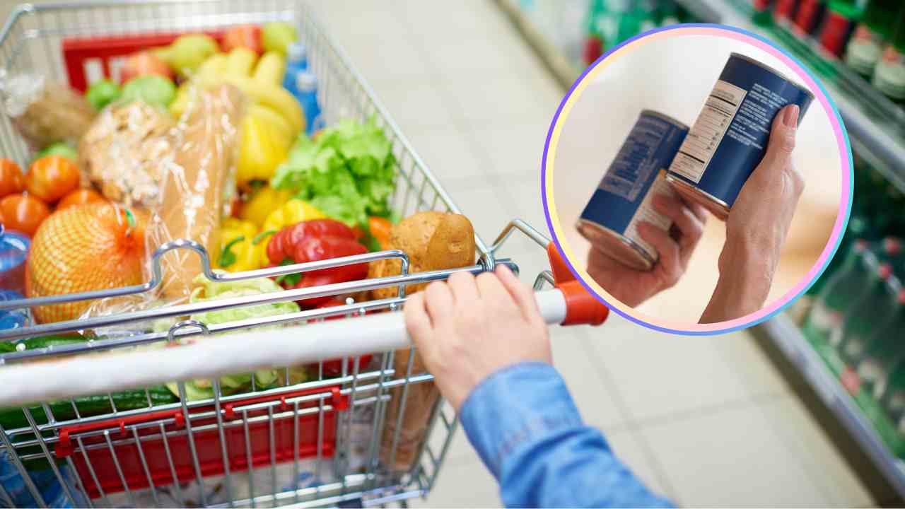 Carrello della spesa e confezioni tra due mani